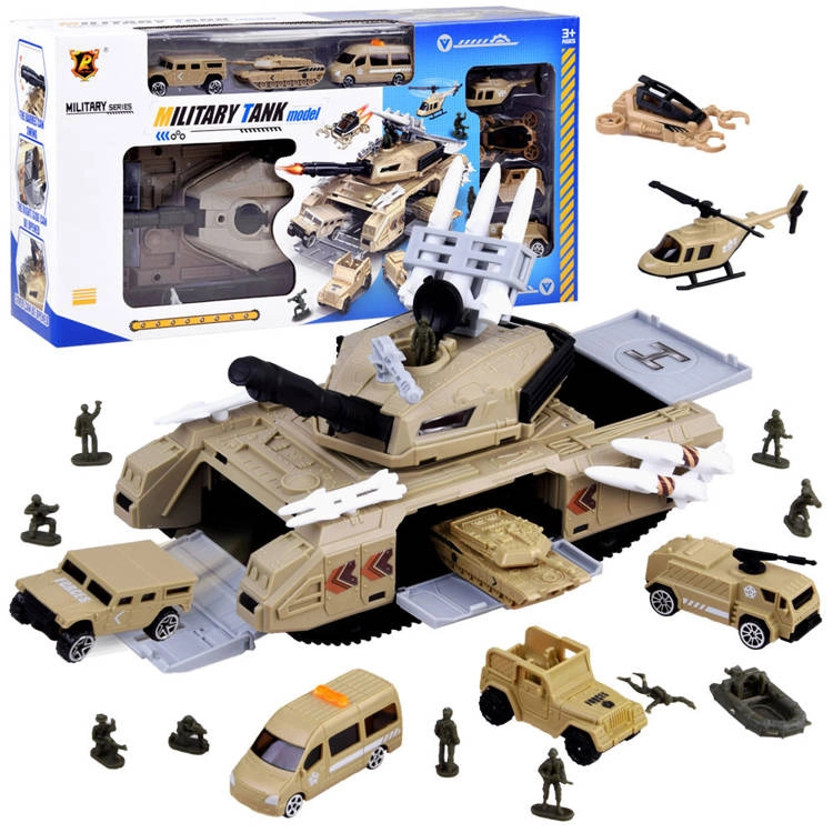 Vojenský tank garáž se sadou vozidel a vojáčků