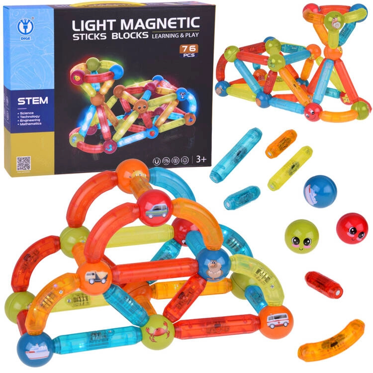 RKToys Magnetická svítící stavebnice Sticks 76 ks