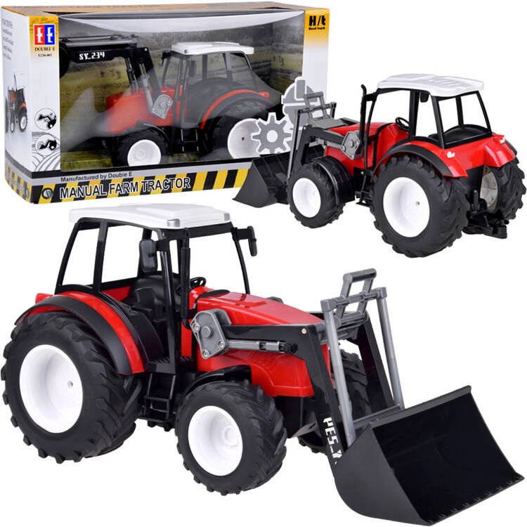 Velký červený traktor s pohyblivým ramenem a velkými koly
