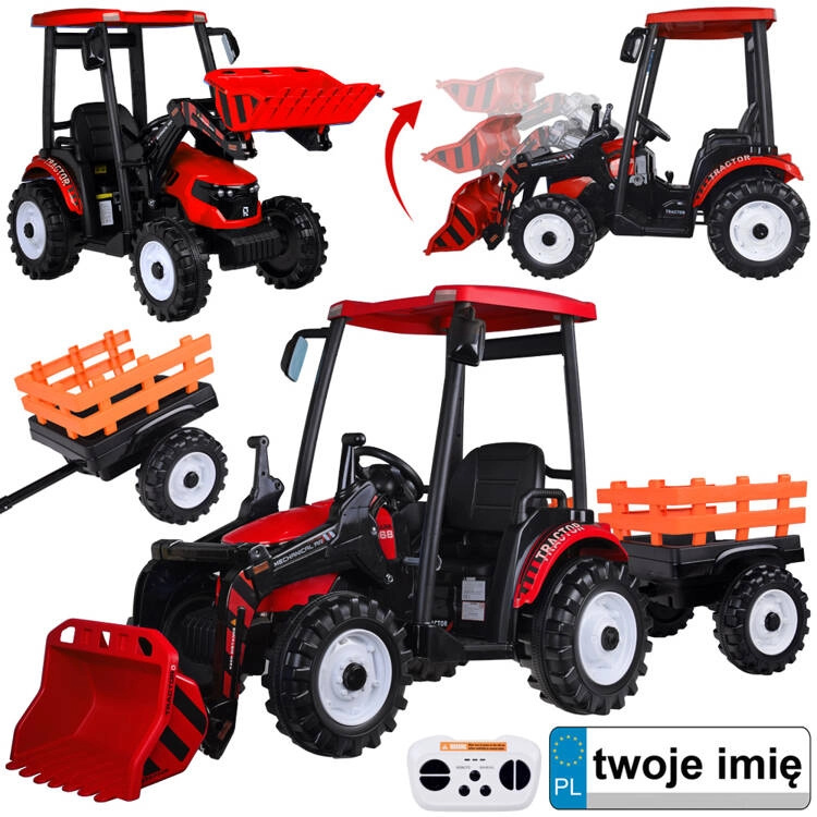 Velký elektrický traktor s přívěsem a lžící pro děti – Červená
