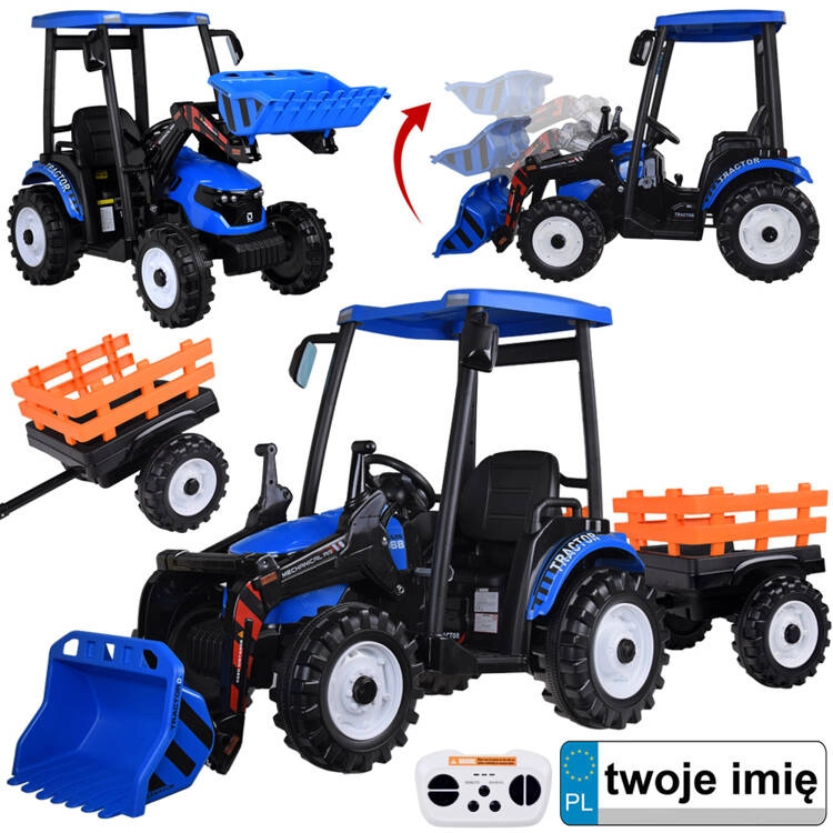 Elektrický traktor pro děti s přívěsem a lžící 24V – Modrá