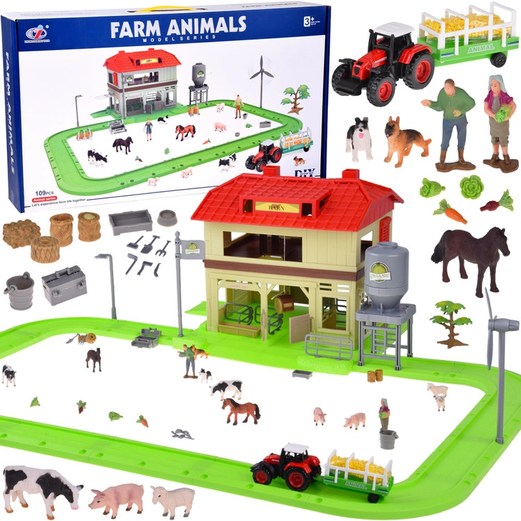 Farma – stodola s cestou, traktorem, figurkami a doplňky