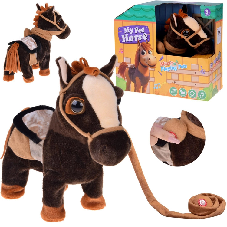 Interaktivní tancující plyšový koník s vodítkem a zvuky country – černá