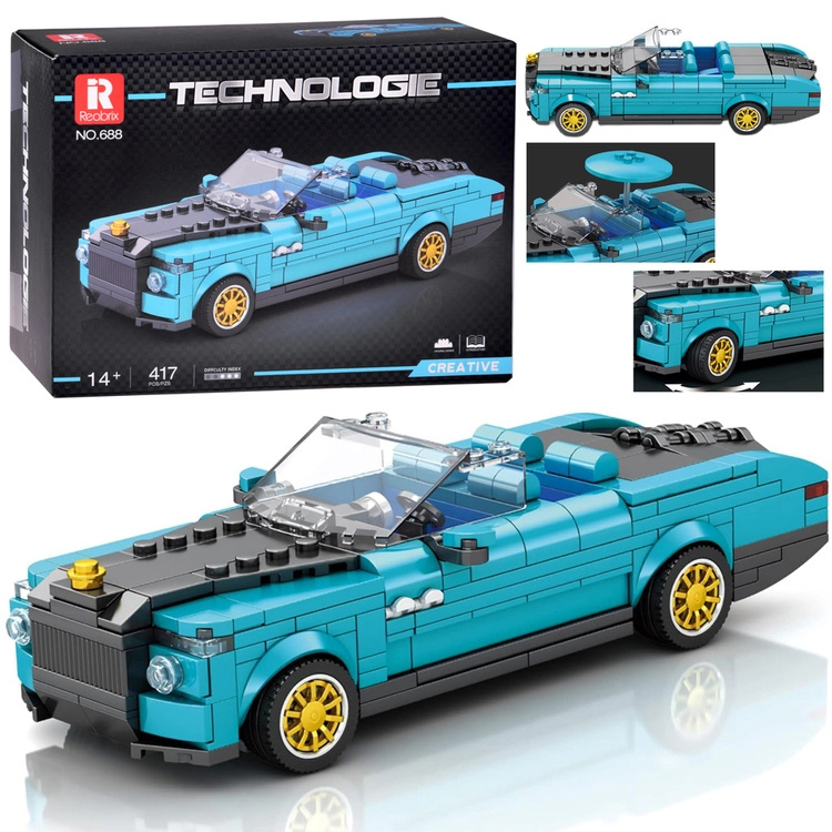Stavebnice technic – modrý retro kabriolet se zlatými koly, 417 dílků