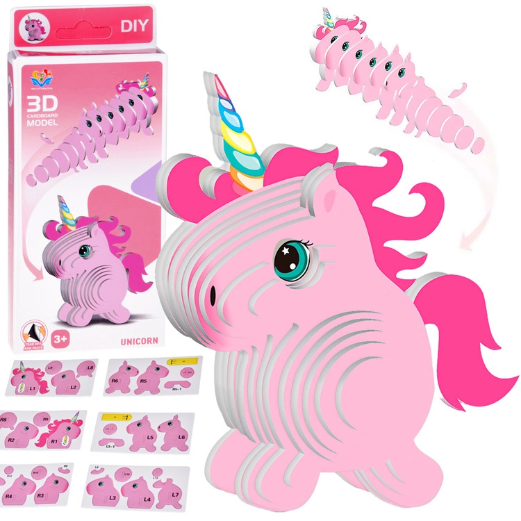 3D kartonové puzzle – růžový jednorožec DIY
