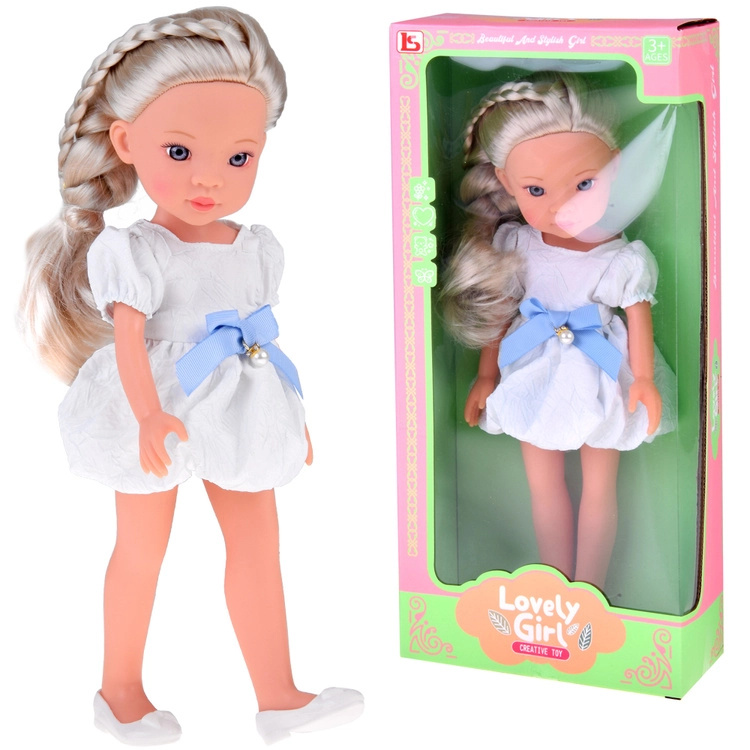 Lovely Girl módní panenka v bílé šaty s modrou mašlí 33 cm
