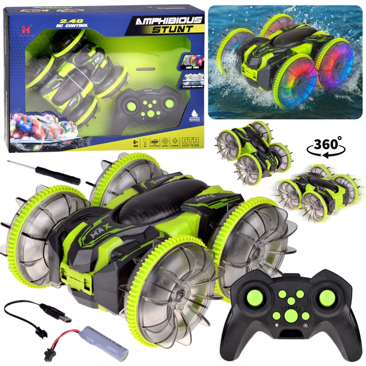 Amfibiální kaskadérské RC auto 2v1 s LED koly a 360° triky