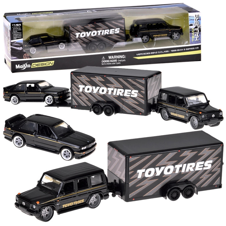 maisto sada kovových modelů 1:64 mercedes-benz g (1988) a bmw m3 e30 s přívěsem