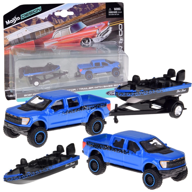 maisto kovový model 1:64 – ford f-150 svt raptor s lodí na přívěsu