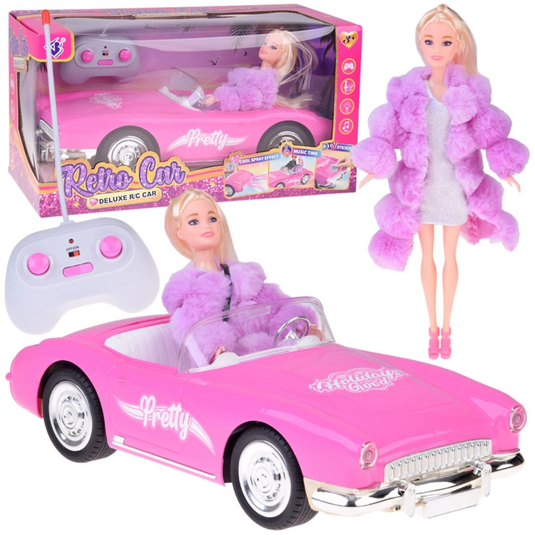 Růžové retro kabrio na dálkové ovládání s elegantní panenkou