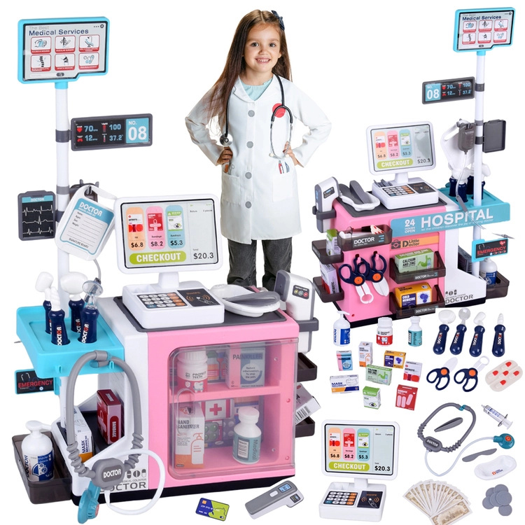 dětská lékařská klinika s pokladnou a lékárnou – interaktivní set pro malé doktory