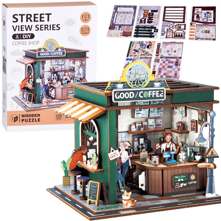 Dřevěné 3D puzzle kavárna se světlem, 120 dílů