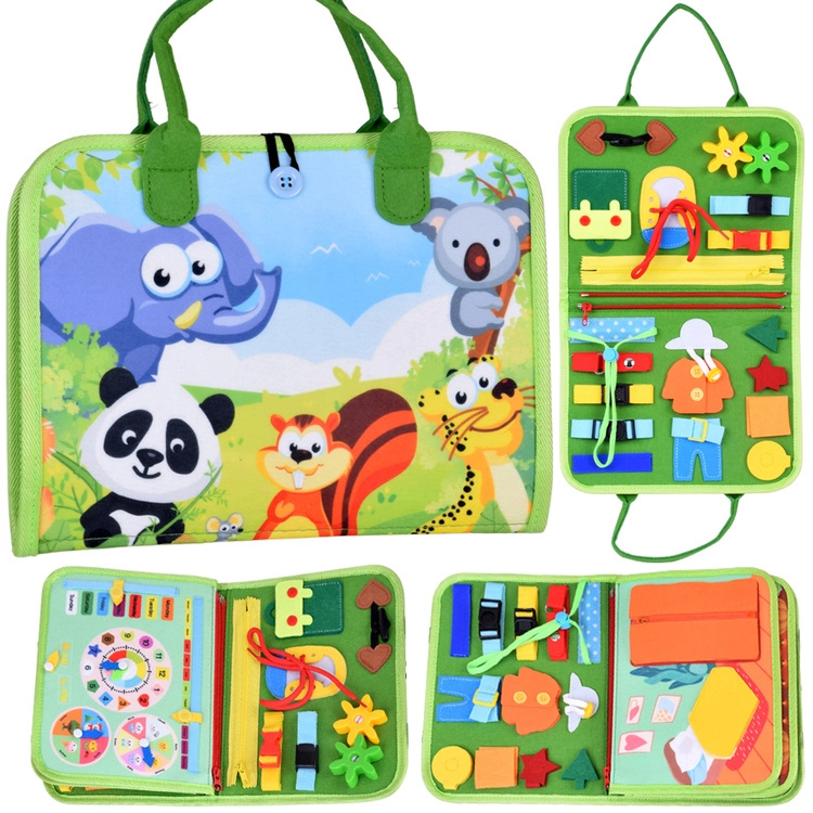 Textilní Montessori manipulační knížka se zvířátky a hodinami