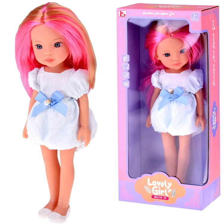panenka s dlouhými růžovo-blond vlasy v bílé šaty s modrou mašlí 33 cm