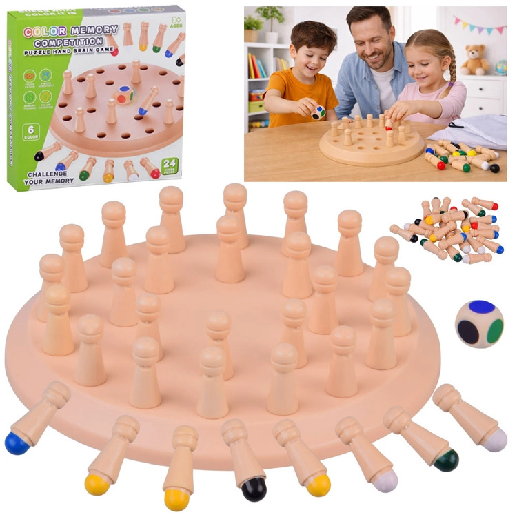Dřevěná paměťová hra barvy s kostkou a kolíčky