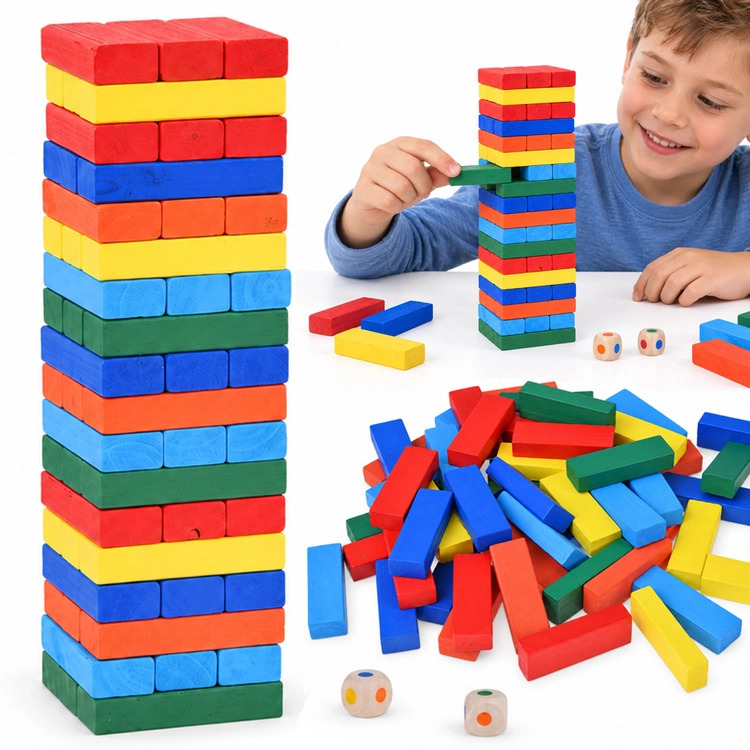 Dřevěná balanční hra JENGA s barevnými kostkami