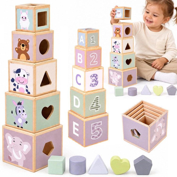 Dřevěná vzdělávací pyramida se sorterem tvarů 2 v 1