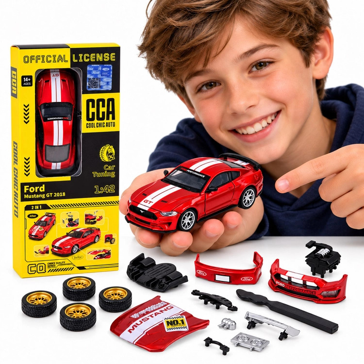 Licencovaný kovový model Ford Mustang GT 2018 s tuningovou sadou v měřítku 1:42