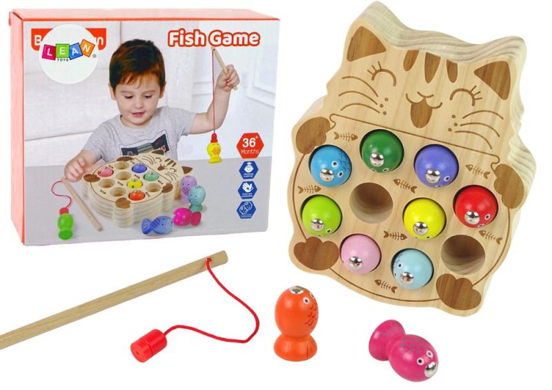 Lean Toys Dřevěná hra Lovení rybiček ve tvaru kočičky