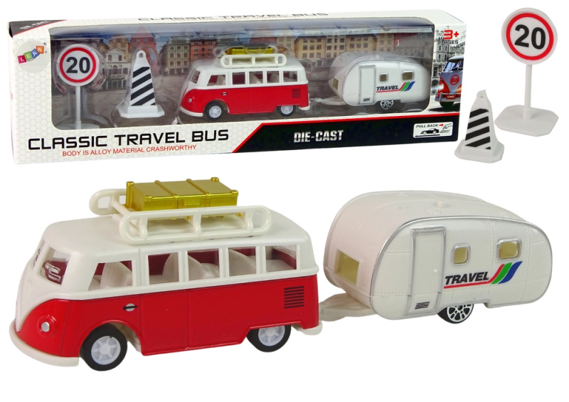 Lean Toys Červený autobus se sadou vozidla Camping Trailer