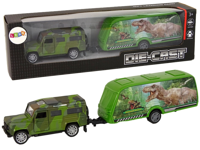 LEANToys Import Sada vozidel Jeep s přívěsem pro tahání dinosaurů