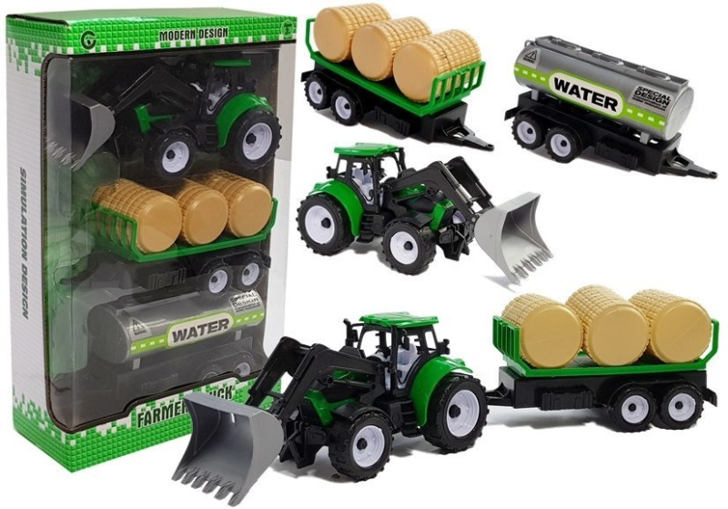 LEANToys Traktor s přívěsem na balíky sena a cisternou