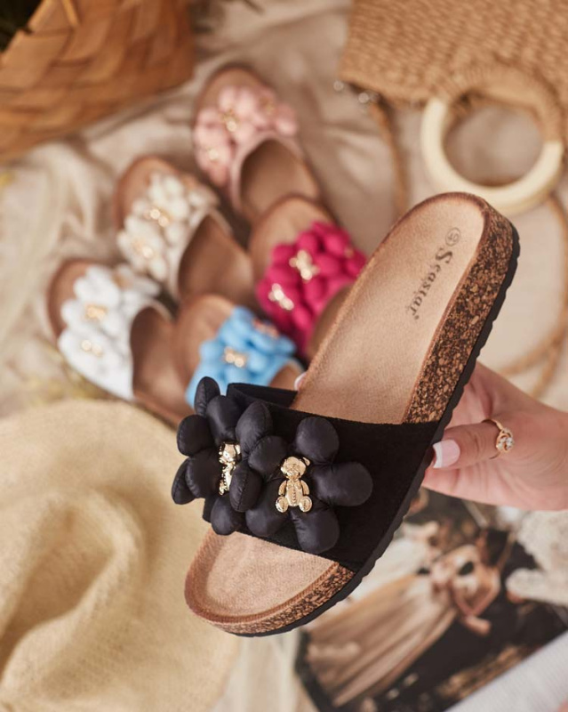 Dámské žabky se zlatými medvídky a květinami