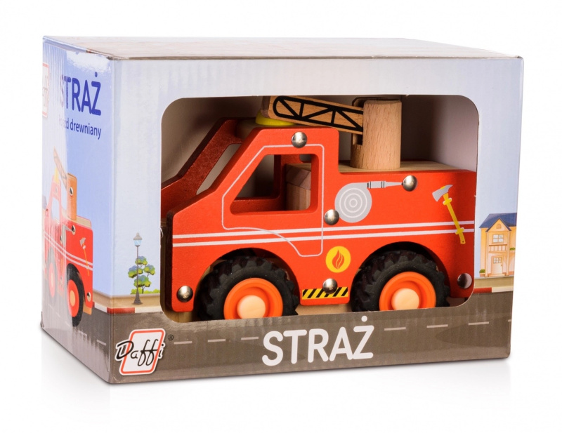 dřevěné hasičské auto s gumovými koly