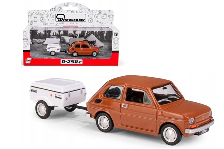 Fiat 126p s přívěsem Niewiadów n250c krátký hnědý model 1:43