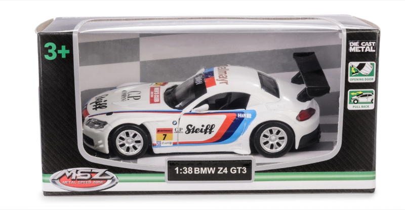 kovový model auta bmw z4 gt3 1:38 s pull-back pohonem