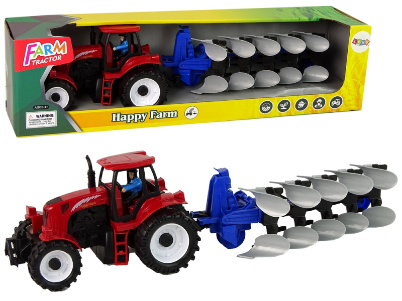LEANToys Traktor s pluhem červeno-modrý