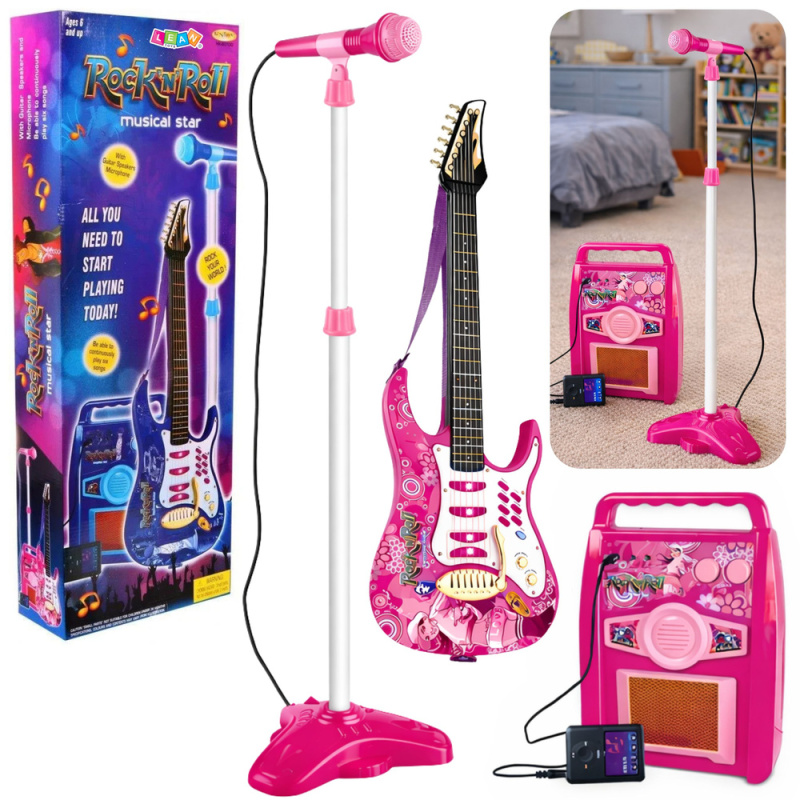 Kytara s mikrofonem a zesilovačem růžová