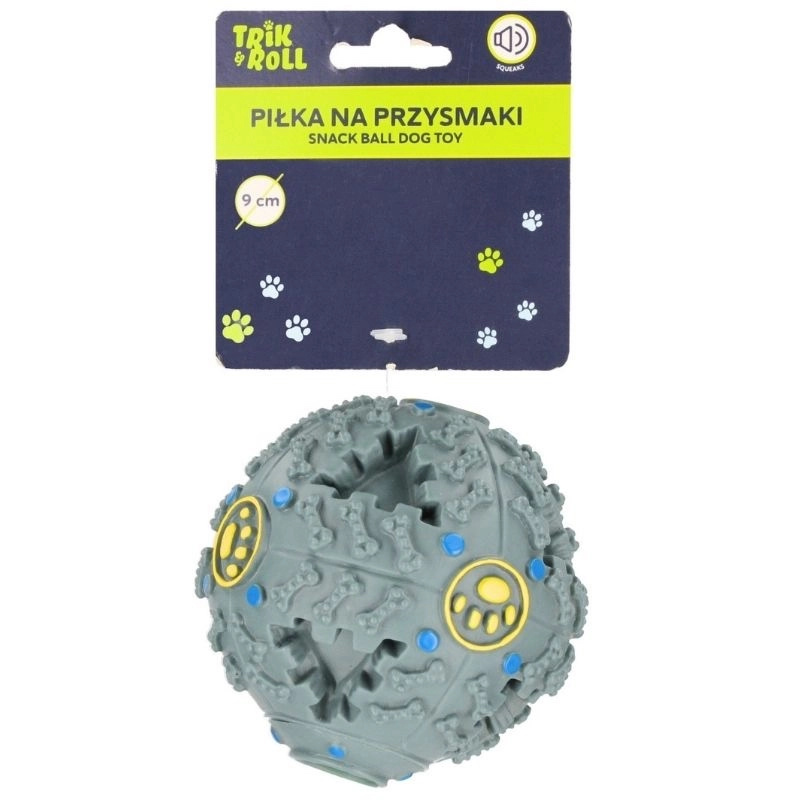 Interaktivní míček pro psa se zvukem a prostorem na pamlsky 9 cm, šedý