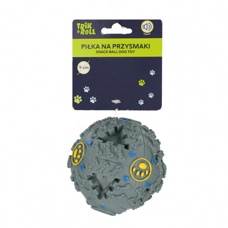 Interaktivní míček pro psa se zvukem a prostorem na pamlsky 9 cm, šedý