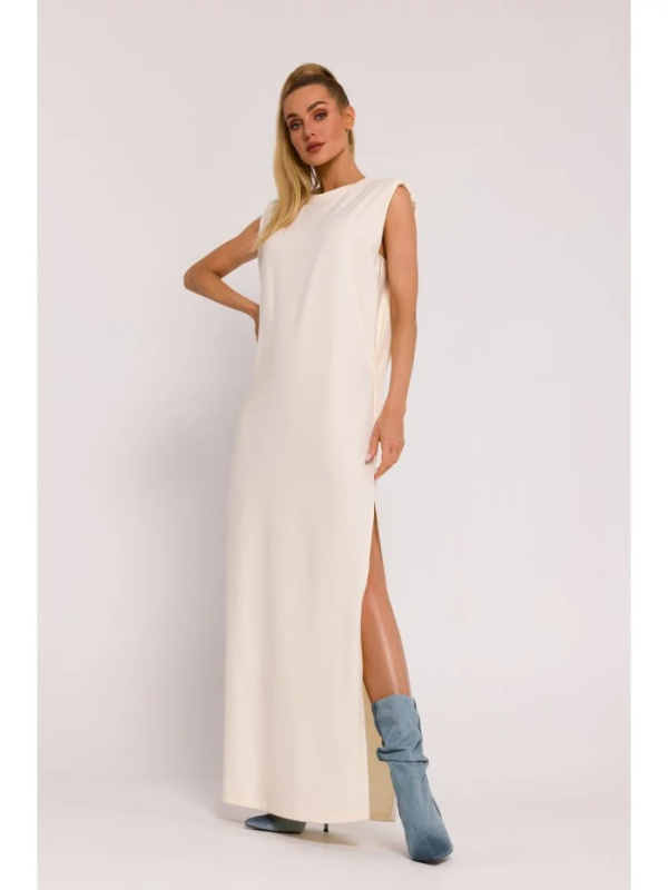 M790 Maxi šaty s vycpávkami na ramenou - krémové EU S