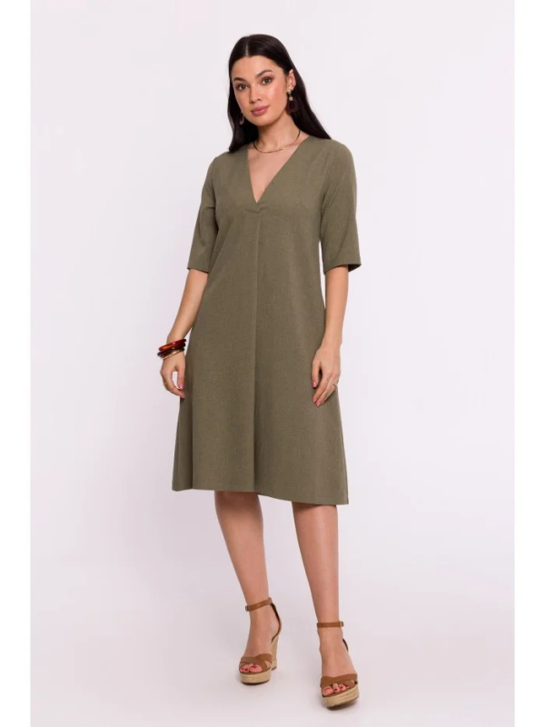 B280 Šaty s výstřihem do V - olivově zelené EU S