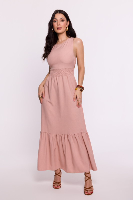 B281 Maxi šaty s otevřenými zády - růžové EU S