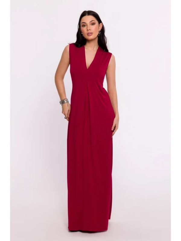 B284 Viskózové maxi šaty s výstřihem do V - bordó EU M