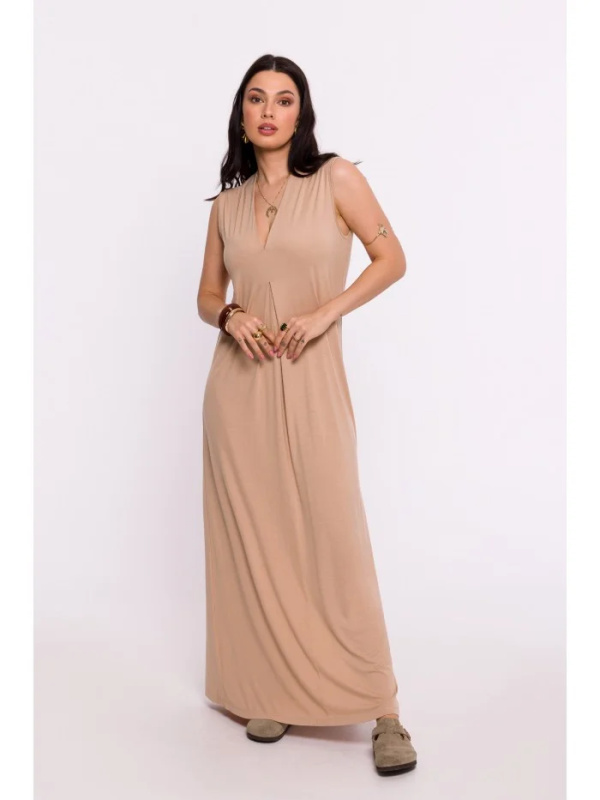 B284 Viskózové maxi šaty s výstřihem do V - cappuccino EU XL