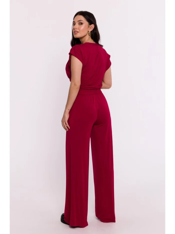 B289 Viskózové kalhoty s elastickým pasem - bordó EU L