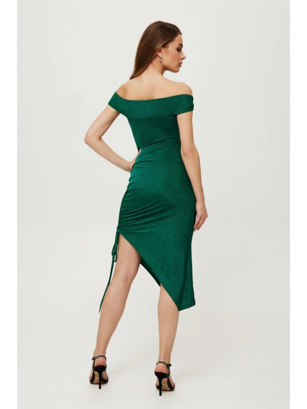 K187 Kovové úpletové asymetrické šaty s řasením na boku - smaragdové EU L
