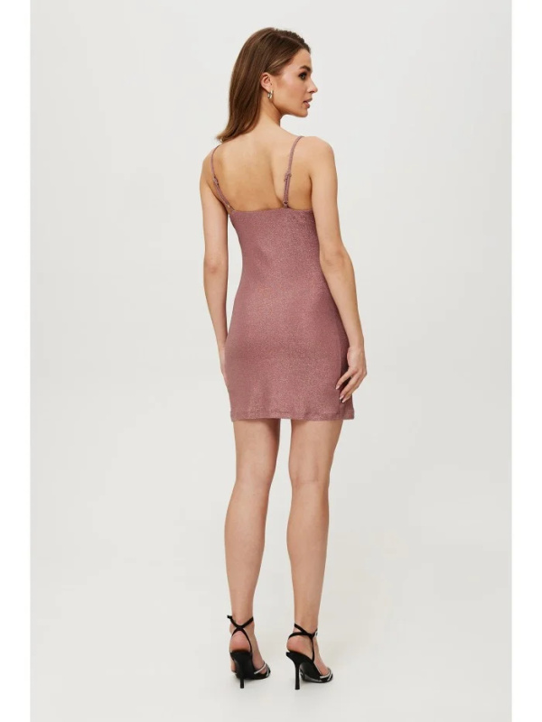 K191 Metalické mini šaty s broží s motýlkem - pudrové EU S