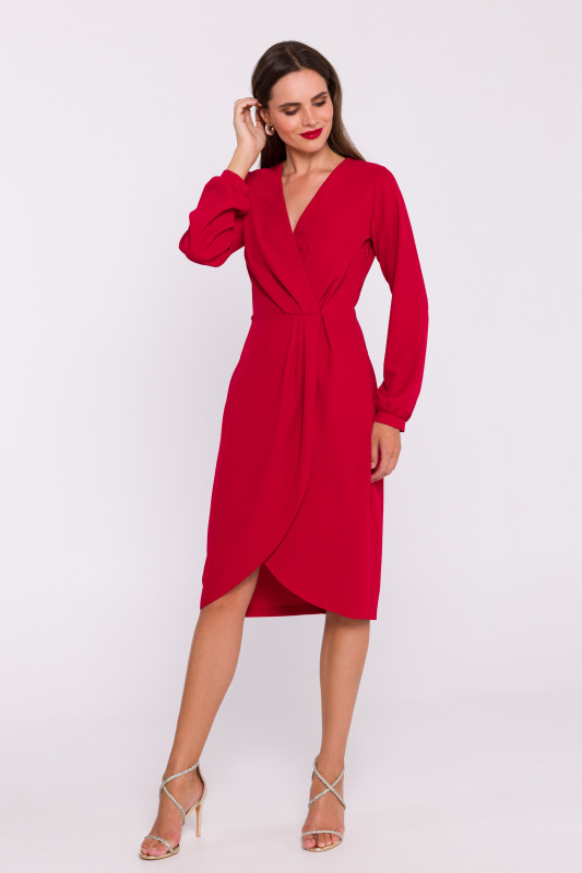 S384 Šaty s rukávy Bishop faux wrap - červené EU M