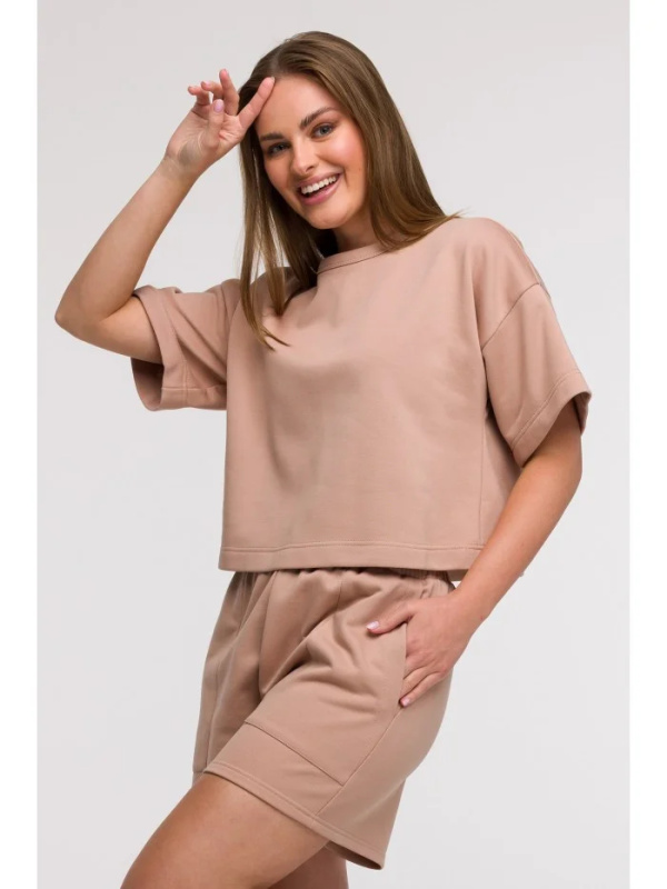 B294 Oříznutá mikina s krátkým rukávem - mocca EU 2XL/3XL