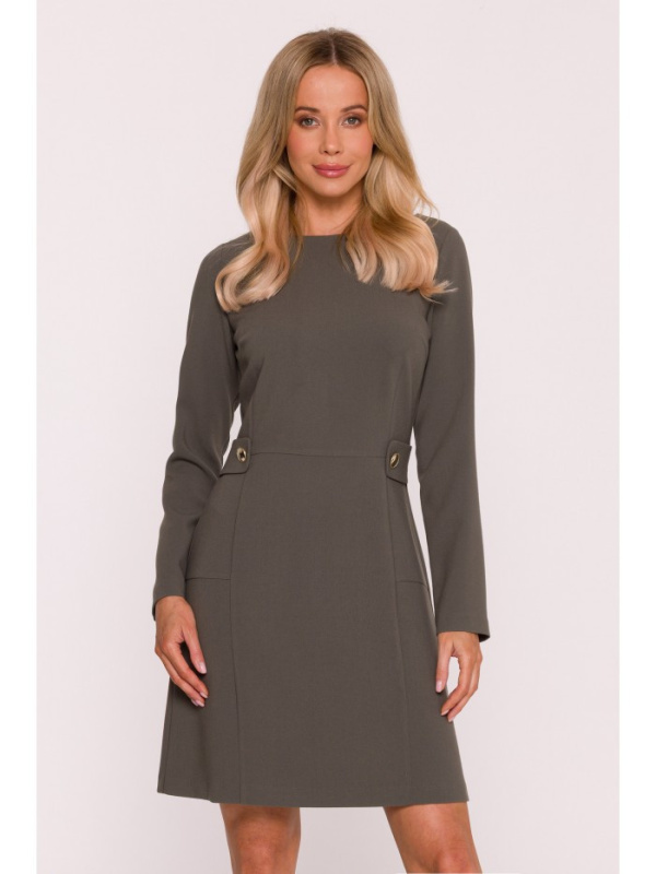 S419 Šaty s ozdobnými knoflíky v pase - khaki barva EU M