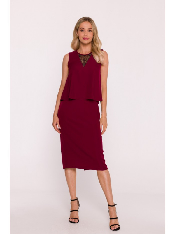 S422 Šaty s krajkovou vsadkou - bordó EU L