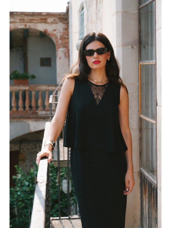 S422 Šaty s krajkovou vsadkou - černé EU XL