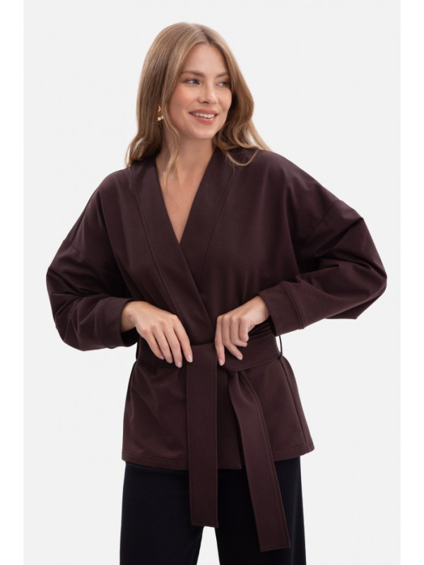 B297 Pletené sako bez límce s otevřenou přední částí - tmavá čokoláda EU S/M