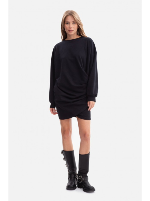 B298 Pletené šaty s bočními záhyby - černé EU L/XL