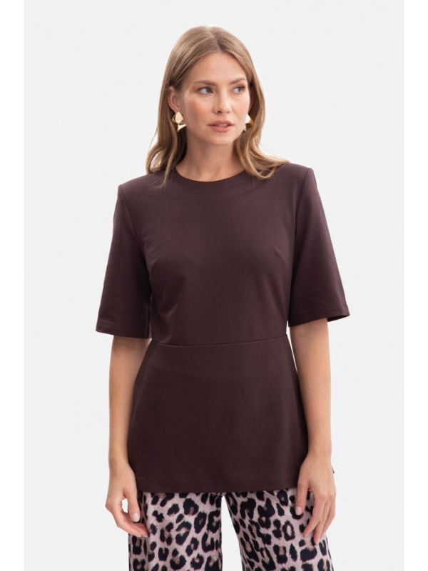 B305 Pletený top s peplum - tmavá čokoláda EU S